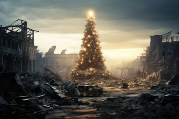 Christmas tree in ruined post war city. Concept of hope - obrazy, fototapety, plakaty