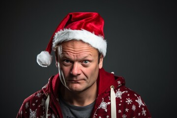 Frustrated man wearing a santa hat on a dark background
