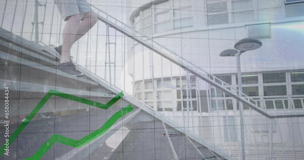 Poster animation of multiple graphs with changing numbers, caucasian man running down stairs