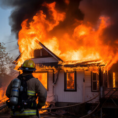 fireman fights fire burning down a home.