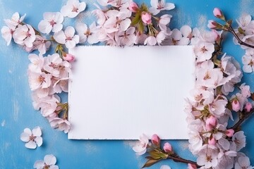 Blossoming beauty. Spring floral frame on wooden background. Delicate blossom border on wood. Springtime serenity. White blooms adorn rustic frames