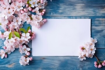 Blossoming beauty. Spring floral frame on wooden background. Delicate blossom border on wood. Springtime serenity. White blooms adorn rustic frames