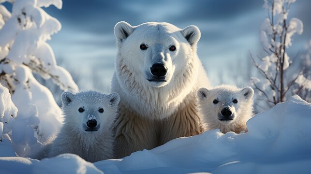 Polar bear family in the Arctic Frozen tundra , illustrator image, HD