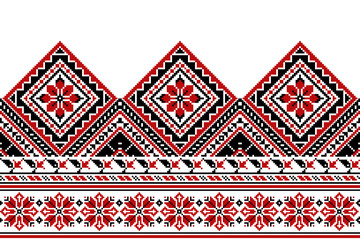 flower embroidery on white background. ikat and cross stitch geometric seamless pattern ethnic oriental traditional. Aztec style illustration design for carpet, wallpaper, clothing, wrapping, batik.	