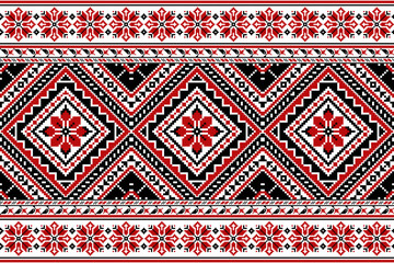 flower embroidery on white background. ikat and cross stitch geometric seamless pattern ethnic oriental traditional. Aztec style illustration design for carpet, wallpaper, clothing, wrapping, batik.	