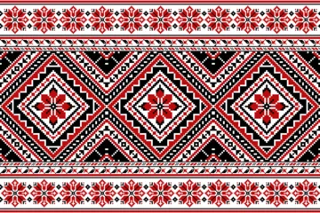 Papier Peint photo Lavable Style bohème flower embroidery on white background. ikat and cross stitch geometric seamless pattern ethnic oriental traditional. Aztec style illustration design for carpet, wallpaper, clothing, wrapping, batik. 