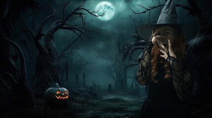 Scary halloween witch, jack o’ lanterns pumpkins and grave marker over dark foggy forest path way at night - obrazy, fototapety, plakaty