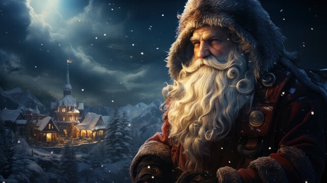 Santa Claus and reindeer in the night sky Snowy, illustrator image, HD