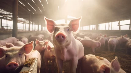 Fotobehang many domestic pigs in a farm, natural sunlight © Flowal93