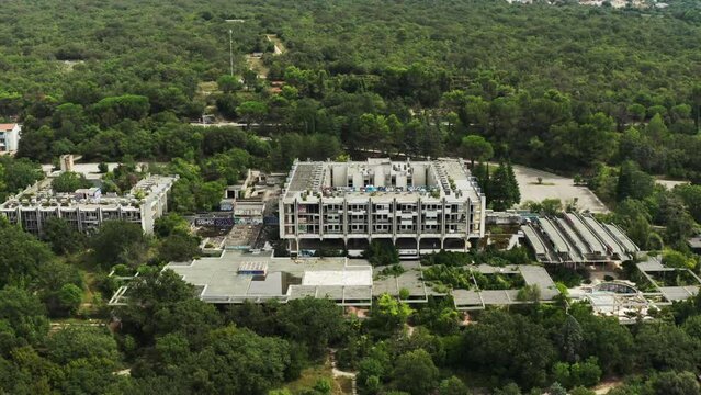 Above View Of The Abandoned Resort Hotel On the Croatian Island Krk, North of Malinska. Aerial Drone Shot