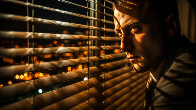 Suspenseful man peering through blinds at a vibrant cityscape at night, filled with secrecy and loneliness.