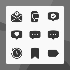 Message icons in glyph style, for ui ux design, website icons, interface and business. Including caht bubble, bookmark, label, love chat, chat app, etc.
