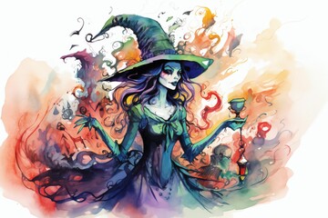 Colorful sketch of a witch holding a glass of wine