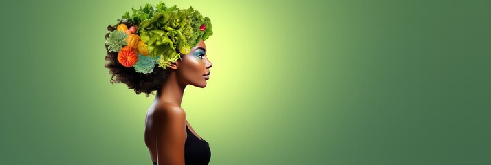 Green background of a woman with vegetalbes in her hair, banner voor vegan day or vegetarian week