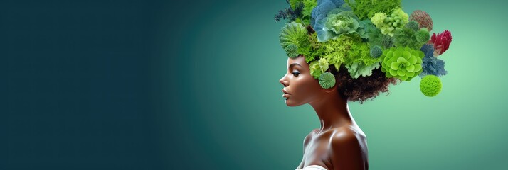 Green background of a woman with vegetalbes in her hair, banner voor vegan day or vegetarian week