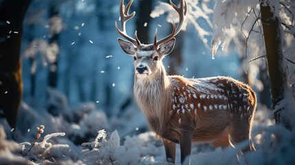 Snowy forest with deer grazing Wintry woodland, illustrator image, HD - obrazy, fototapety, plakaty