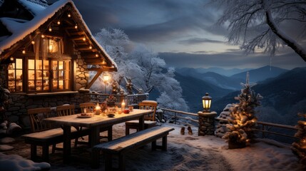 Snowy mountain cabin with holiday lights Cozy winter  , illustrator image, HD
