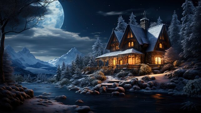 Snowy Forest Retreat with cozy log cabin Starlit , illustrator image, HD