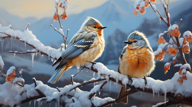 Snowy Serenade with winter songbirds Snow-covered , illustrator image, HD