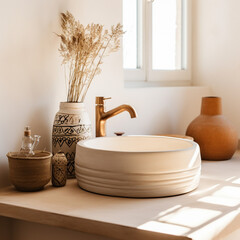 Bathroom interior in boho chic style, mediteranean - 658086695