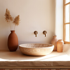 interior of a bathroom, boho chic style, Mediterranean, white and terracotta colors - 658086699