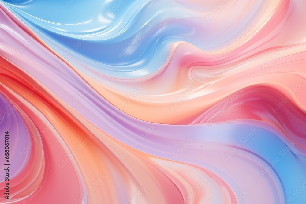 Poster Liquid paint texture. Abstract background of colored floating liquid in pink blue yellow red pastel colors. Paint flows smoothly into each other, mixing in beautiful patterns. Copy space. Close up.