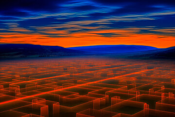 Fototapeta premium Breathtaking sunset illuminating surreal, geometric landscape in a dreamlike digital creation.