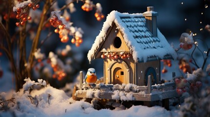 Winter birdhouse with chirping birds Snowy garden, illustrator image, HD - obrazy, fototapety, plakaty