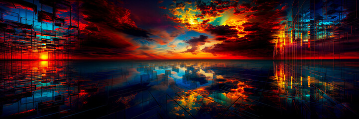 Fototapeta premium Spectacular sunset illuminating a surreal, geometric landscape under a vibrant sky.