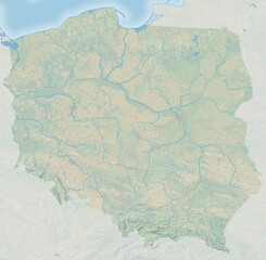 Topographic map of Poland with colored landcover