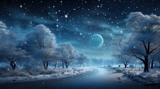 Winter Dreams with falling snowflakes Snowy forest, illustrator image, HD
