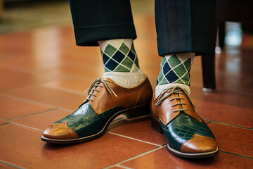 A close-up of argyle socks paired with brown leather loafers, showcasing a classic style in menswear fashion
