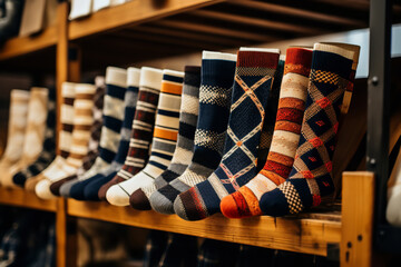 Vintage socks featuring classic argyle patterns displayed neatly on shelves in a retro-style...
