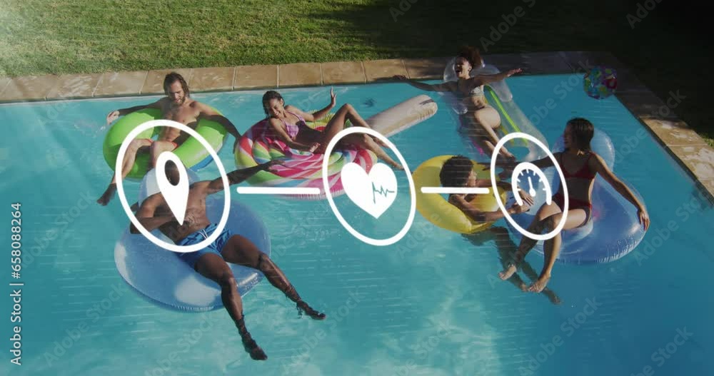Poster animation of flowchart of icons over diverse friends on inflatable rings enjoying in swimming pool