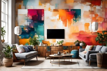 cheerful and happy mood living room idea of home décor design with colorful abstract painting art wall hanging picture