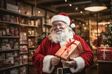 Santa Clause carrying giftbox in shop. Christmas sales. Black Friday. Christmas shopping