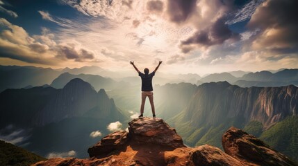 Man on the mountain standing with his hands up - obrazy, fototapety, plakaty