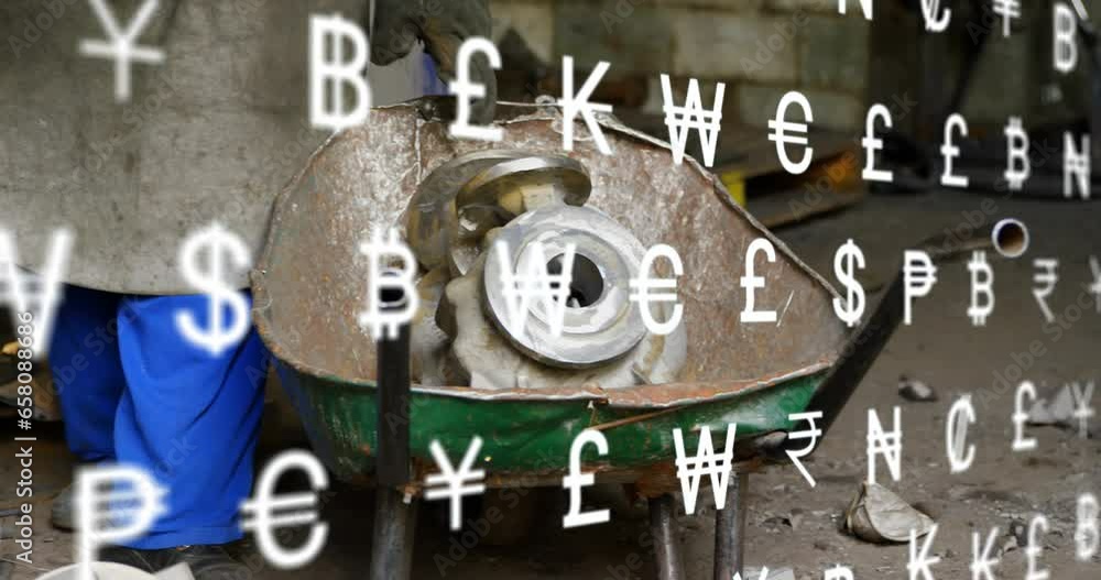 Aufkleber animation of multiple currency symbols over midsection of workers with equipment