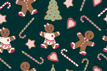 Seamless christmas pattern with gingerbread man and candy cane on dark background. Vector illustration . Vector illustration. Vector