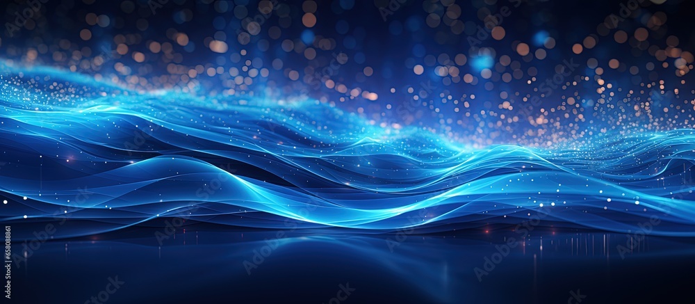 Poster futuristic blue digital particles with flowing lines and dots connecting abstract background