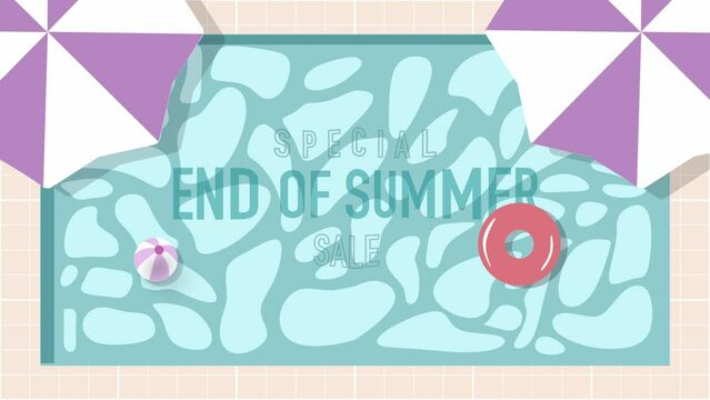Special end of summer sale animation. Text in front of pop art, cartoon style pool with pool accessories. Summer themed sale advertisement for business.