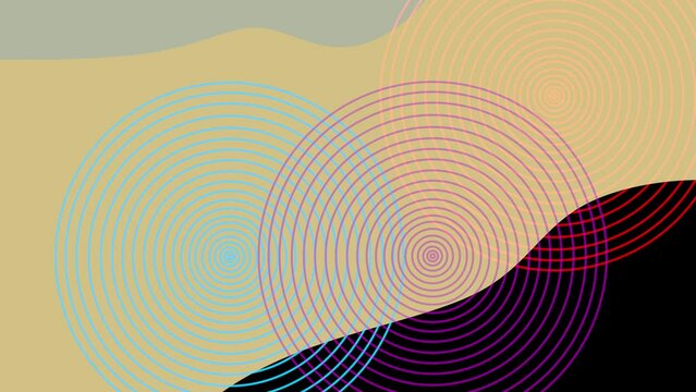 Risograph Aesthetic motion graphic. Colorful round, circle shapes moving slowly across the screen. Diffrent elements and symbols. Abstract risograph aesthetic animation.