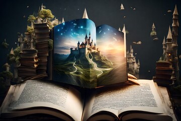 Open book with a fantasy world popping out. A castle illustration over a book.   