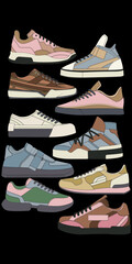 Set of shoes sneaker drawing vector, Sneakers drawn in a sketch style, bundling sneakers trainers template, vector Illustration.
