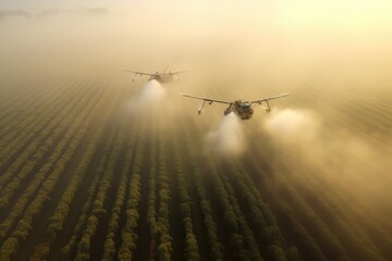 Drones spray water on potato field ,Generative AI.