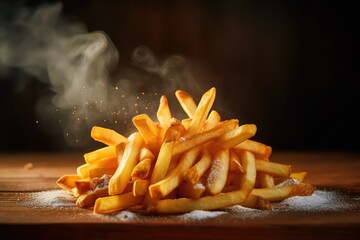 French fries on wooden table , smoke ,Generative AI. - obrazy, fototapety, plakaty