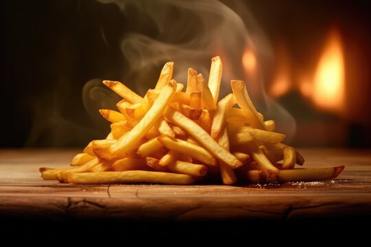 French fries on wooden table , smoke ,Generative AI.