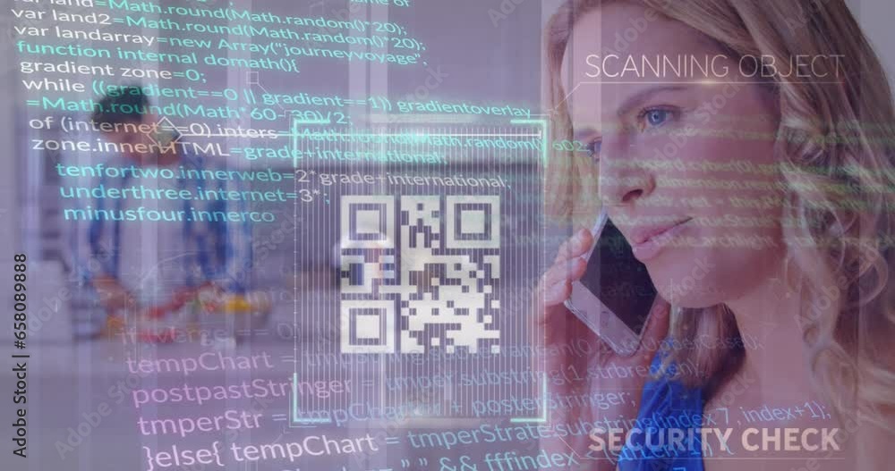 Aufkleber animation of qr code and computer language over caucasian woman talking on smartphone