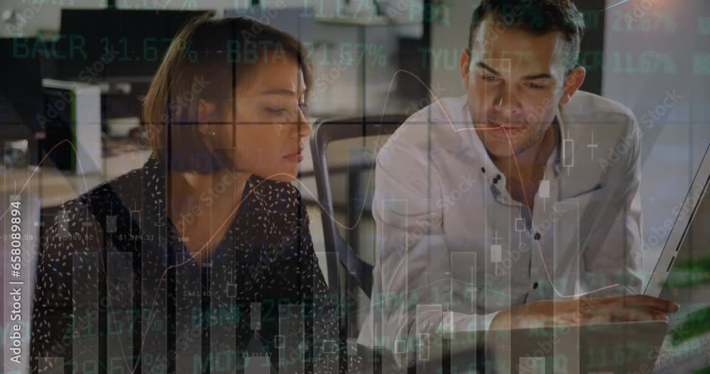 Poster animation of multiple graphs and trading board over diverse coworkers discussing in office