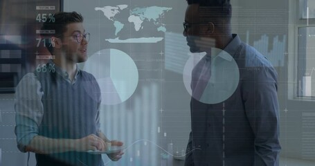 Animation of graphs and infographic interface over diverse coworkers sharing ideas in office